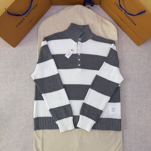 Thom Browne Gray and White Striped Turtleneck Sweater